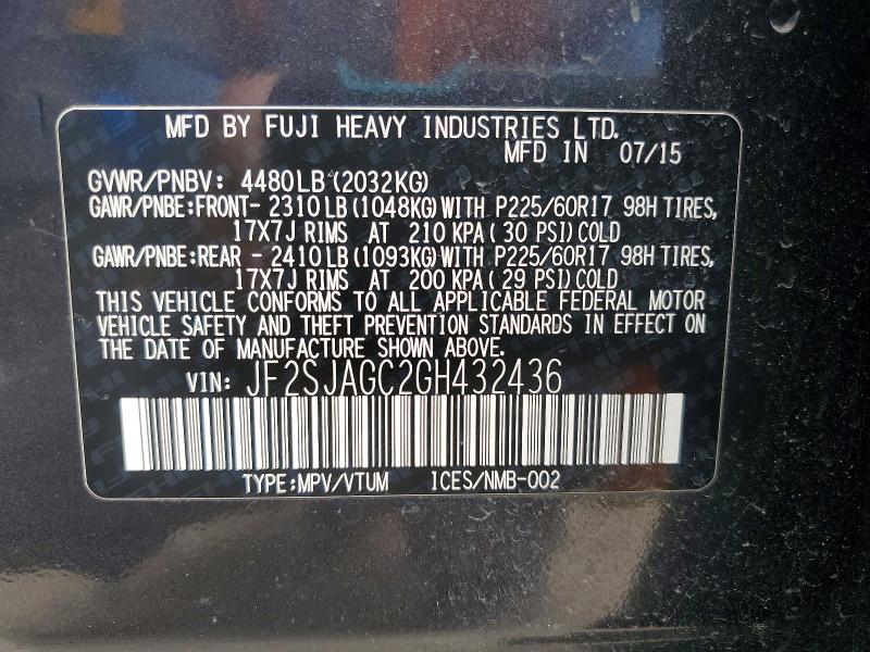 Продаж на аукціоні авто 2016 Subaru Forester, vin: JF2SJAGC2GH432436, номер лоту: 54861916