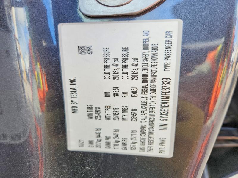 Aukcja sprzedaży 2021 Tesla Model 3, vin: 5YJ3E1EA1MF087839, numer aukcji: 54145986
