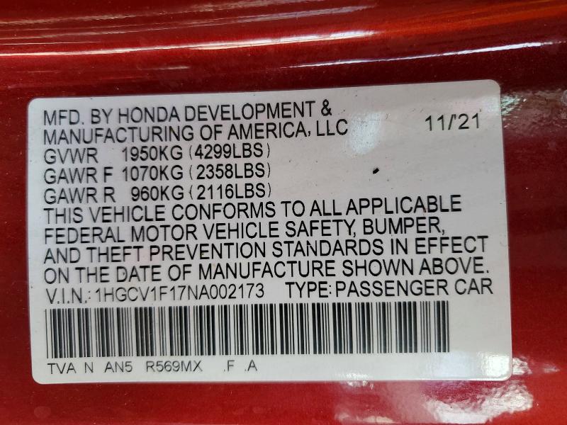 53773986 :رقم المزاد ، 1HGCV1F17NA002173 vin ، 2022 Honda Accord مزاد بيع