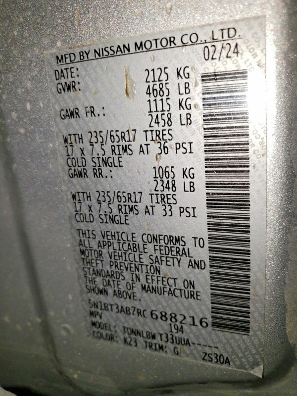 54405646 :رقم المزاد ، 5N1BT3AB7RC688216 vin ، 2024 Nissan Rogue مزاد بيع