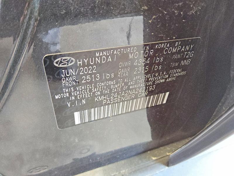 2022 Hyundai Sonata მანქანა იყიდება აუქციონზე, vin: KMHL24JA2NA242193, აუქციონის ნომერი: 52421086