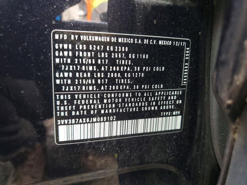 Aukcja sprzedaży 2018 Volkswagen Tiguan, vin: 3VV3B7AX6JM089102, numer aukcji: 53463326