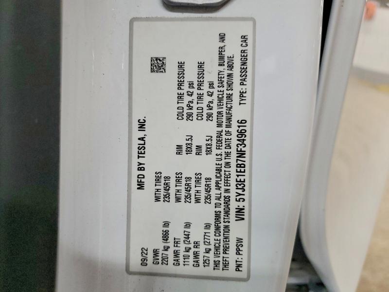 Aukcja sprzedaży 2022 Tesla Model 3, vin: 5YJ3E1EB7NF349616, numer aukcji: 54635986