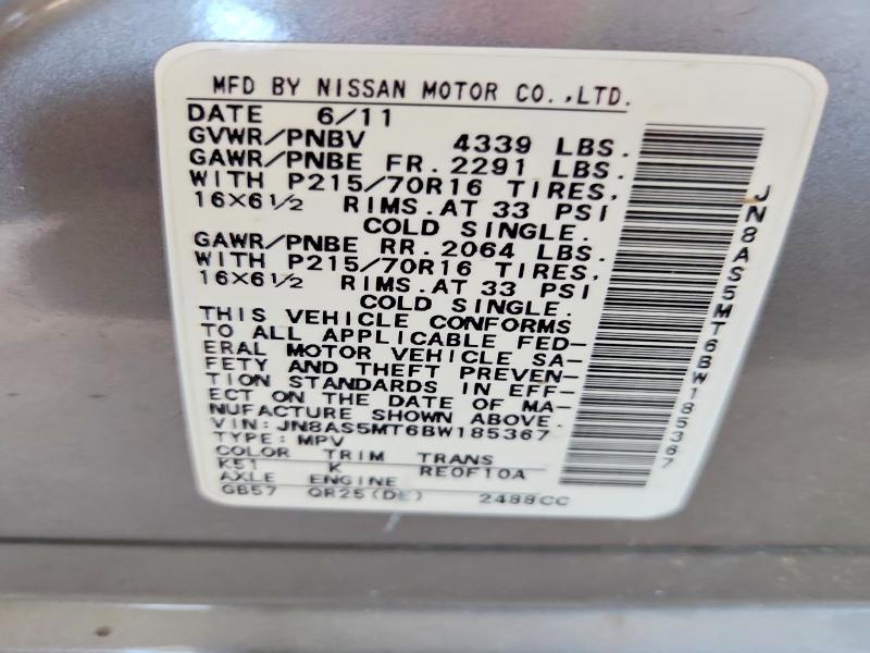 2011 Nissan Rogue მანქანა იყიდება აუქციონზე, vin: JN8AS5MT6BW185367, აუქციონის ნომერი: 52692806