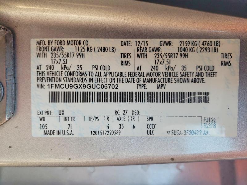Продаж на аукціоні авто 2016 Ford Escape, vin: 1FMCU9GX9GUC06702, номер лоту: 53464066