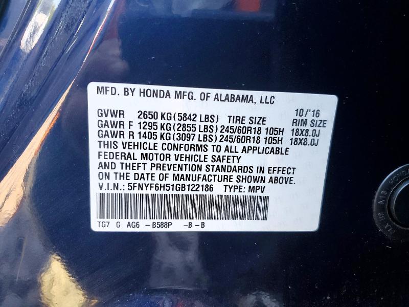 53517446 :رقم المزاد ، 5FNYF6H51GB122186 vin ، 2016 Honda Pilot مزاد بيع