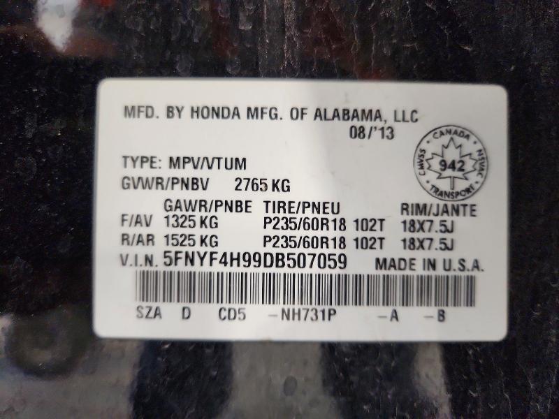 2013 Honda Pilot მანქანა იყიდება აუქციონზე, vin: 5FNYF4H99DB507059, აუქციონის ნომერი: 52470556