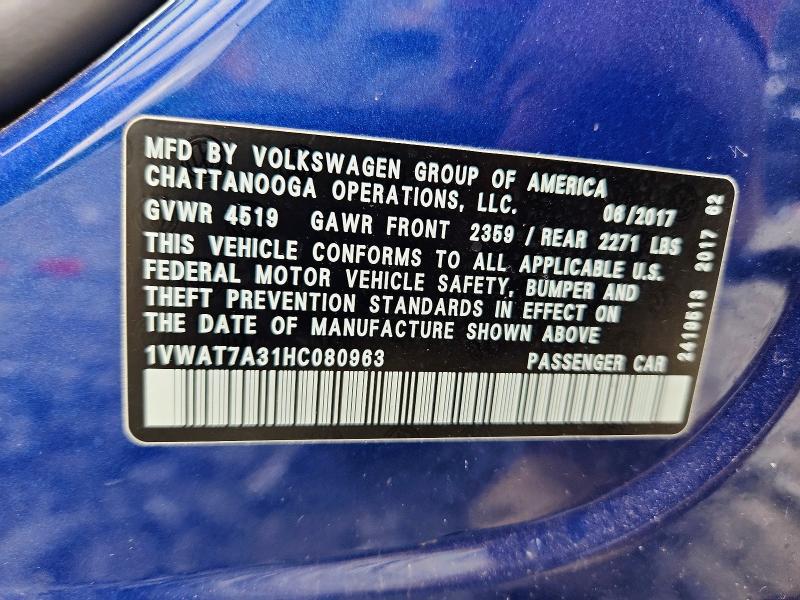 Продажа на аукционе авто 2017 Volkswagen Passat, vin: 1VWAT7A31HC080963, номер лота: 53900686