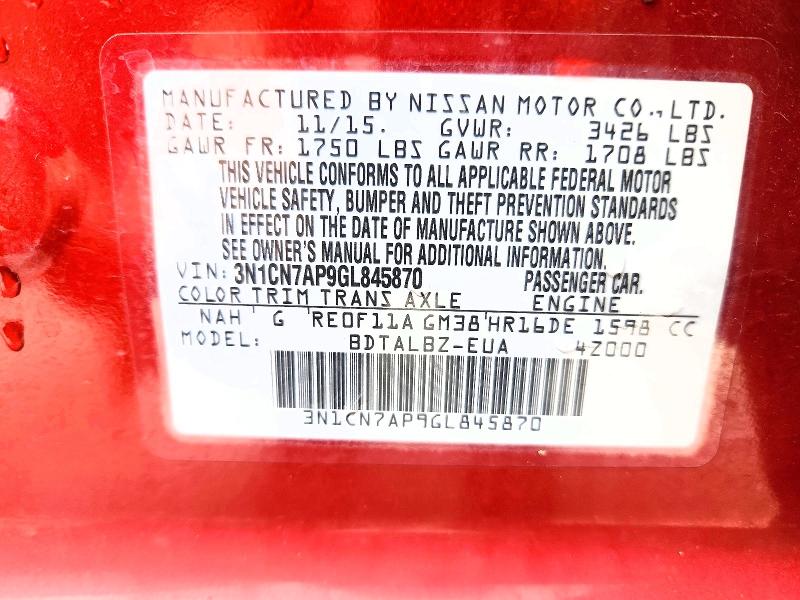 53668086 :رقم المزاد ، 3N1CN7AP9GL845870 vin ، 2016 Nissan Versa مزاد بيع