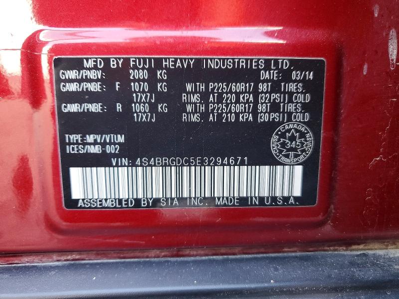 2014 Subaru Outback მანქანა იყიდება აუქციონზე, vin: 4S4BRGDC5E3294671, აუქციონის ნომერი: 55190456