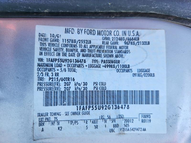 2002 Ford Taurus მანქანა იყიდება აუქციონზე, vin: 1FAFP55U92G136478, აუქციონის ნომერი: 52250106