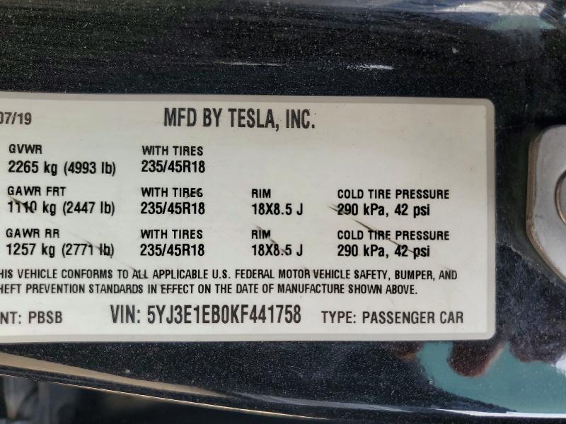 2019 Tesla Model 3 მანქანა იყიდება აუქციონზე, vin: 5YJ3E1EB0KF441758, აუქციონის ნომერი: 55001496