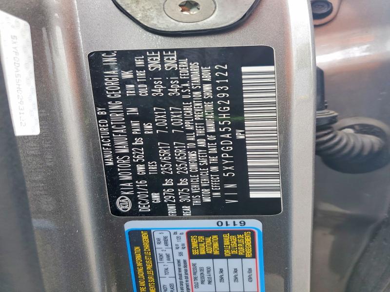 2017 Kia Sorento მანქანა იყიდება აუქციონზე, vin: 5XYPGDA55HG293122, აუქციონის ნომერი: 52752396