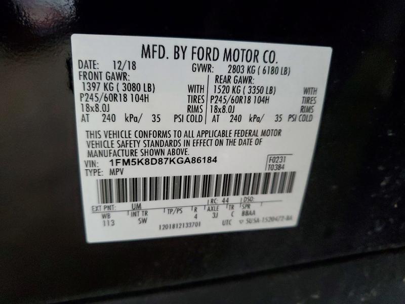 Продаж на аукціоні авто 2019 Ford Explorer, vin: 1FM5K8D87KGA86184, номер лоту: 54867416