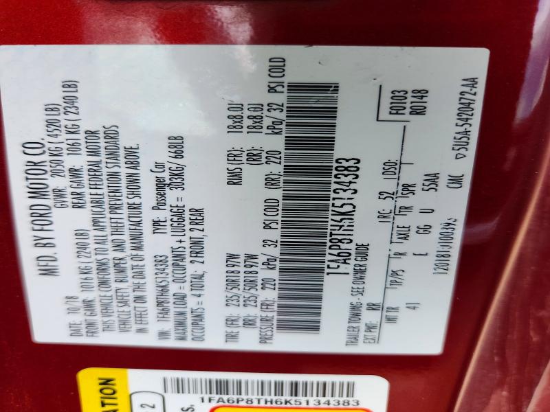 2019 Ford Mustang მანქანა იყიდება აუქციონზე, vin: 1FA6P8TH6K5134383, აუქციონის ნომერი: 54187536