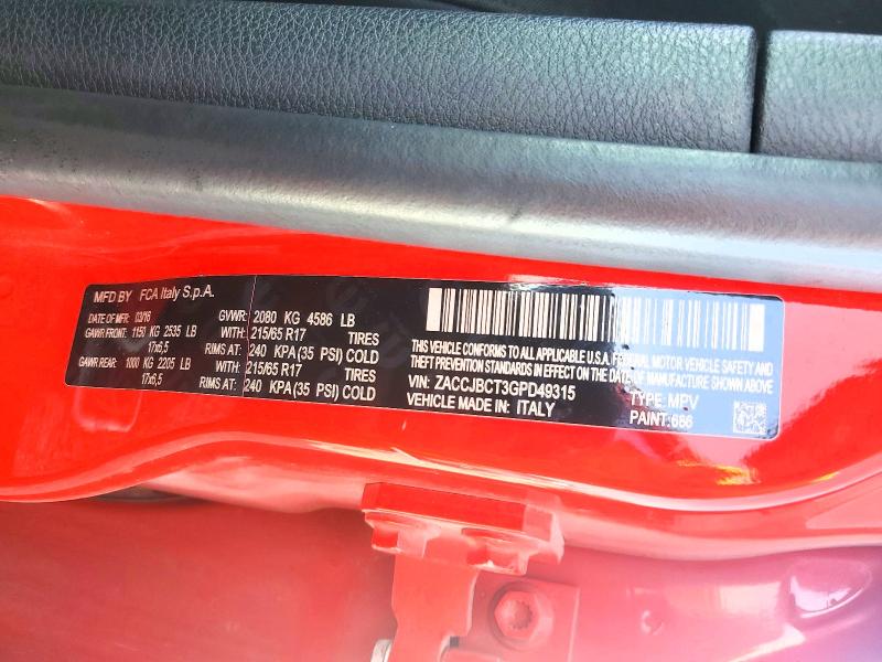Продажа на аукционе авто 2016 Jeep Renegade, vin: ZACCJBCT3GPD49315, номер лота: 52543956