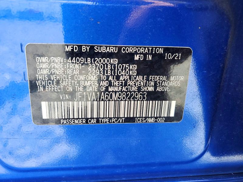 2021 Subaru Wrx მანქანა იყიდება აუქციონზე, vin: JF1VA1A60M9822963, აუქციონის ნომერი: 55188636