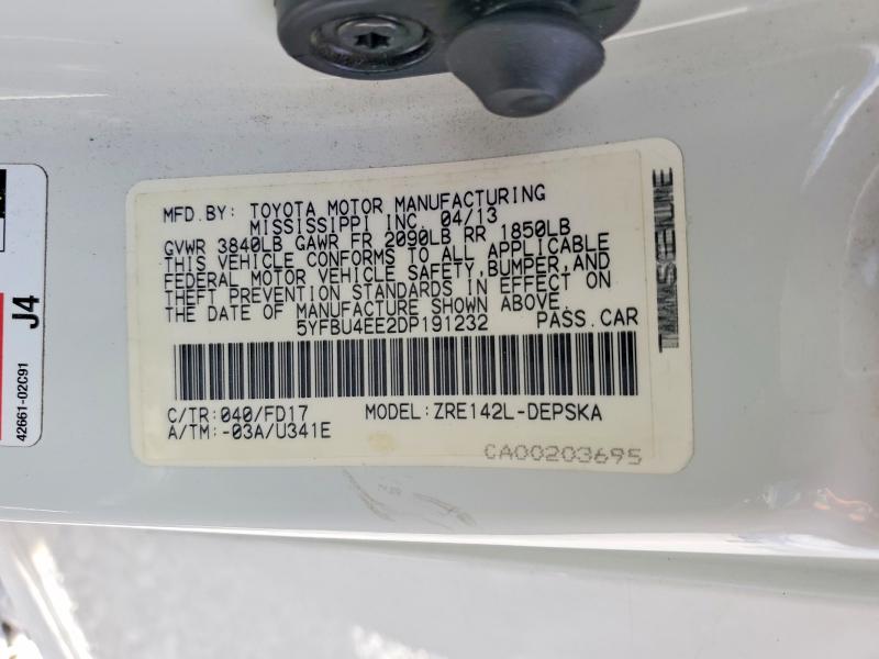 2013 Toyota Corolla მანქანა იყიდება აუქციონზე, vin: 5YFBU4EE2DP191232, აუქციონის ნომერი: 55036356