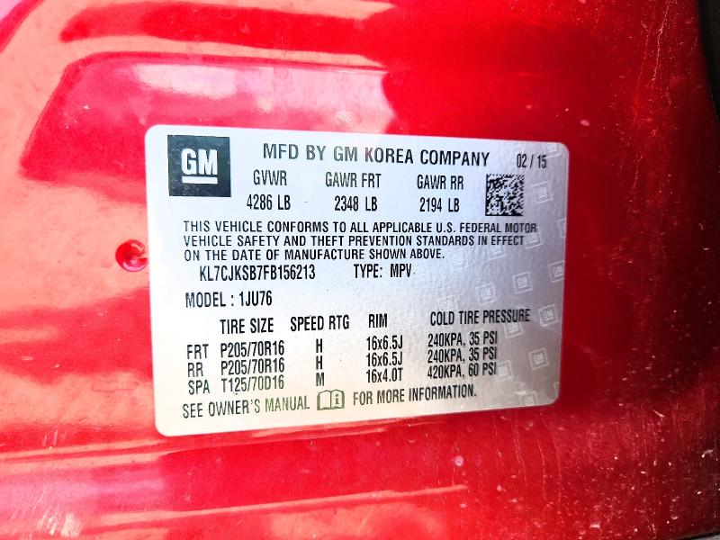 2015 Chevrolet Trax მანქანა იყიდება აუქციონზე, vin: KL7CJKSB7FB156213, აუქციონის ნომერი: 54497596