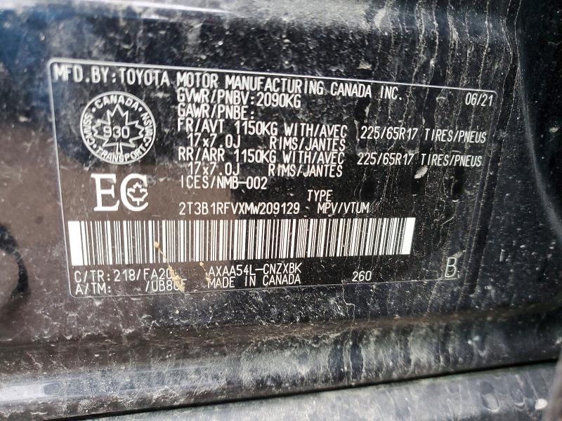 53048716 :رقم المزاد ، 2T3B1RFVXMW209129 vin ، 2021 Toyota Rav4 مزاد بيع
