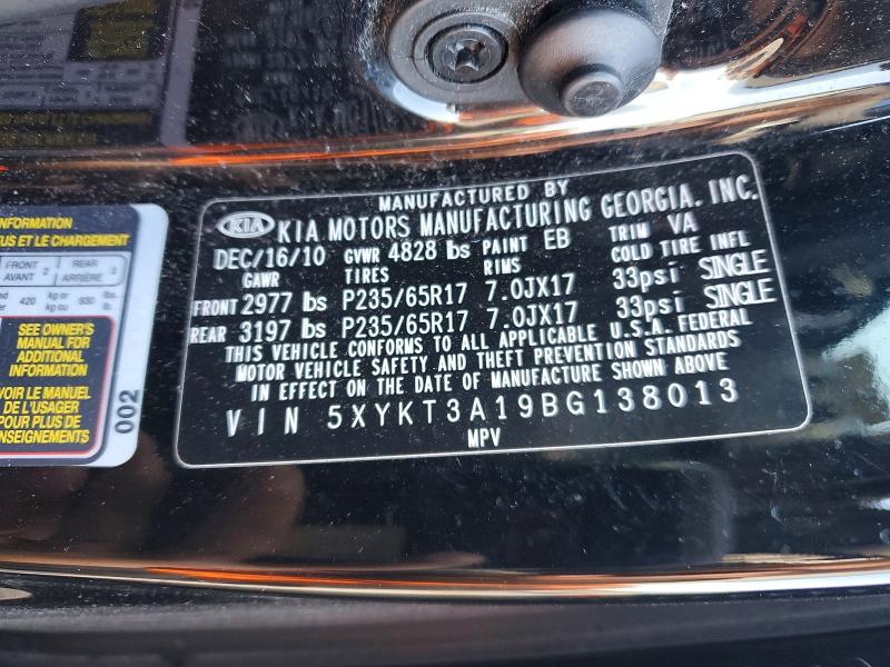 2011 Kia Sorento მანქანა იყიდება აუქციონზე, vin: 5XYKT3A19BG138013, აუქციონის ნომერი: 52869746