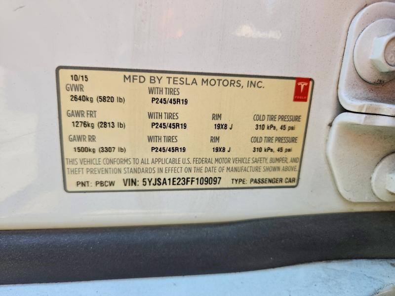 2015 Tesla Model S მანქანა იყიდება აუქციონზე, vin: 5YJSA1E23FF109097, აუქციონის ნომერი: 54634136