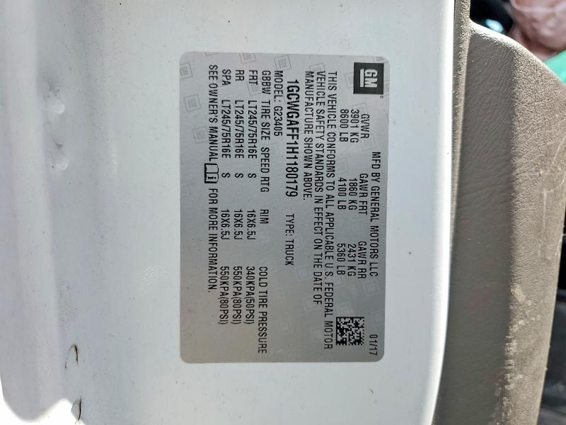 2017 Chevrolet Express G2500 მანქანა იყიდება აუქციონზე, vin: 1GCWGAFF1H1180179, აუქციონის ნომერი: 53205546