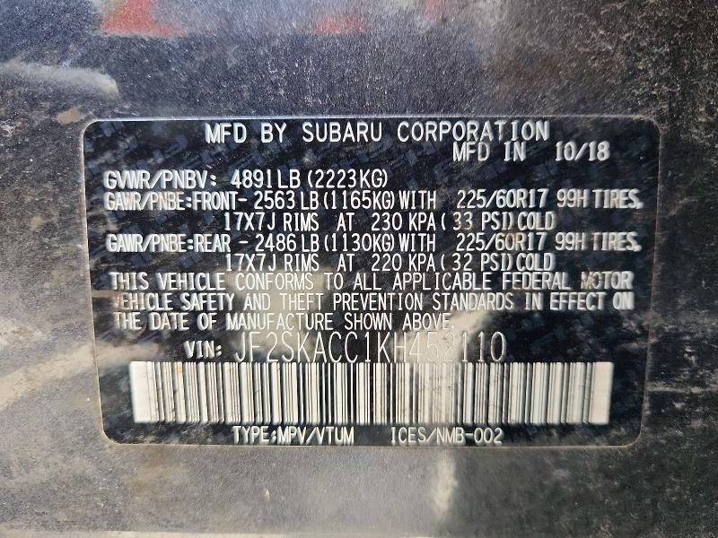 Aukcja sprzedaży 2019 Subaru Forester, vin: JF2SKACC1KH452110, numer aukcji: 55117686