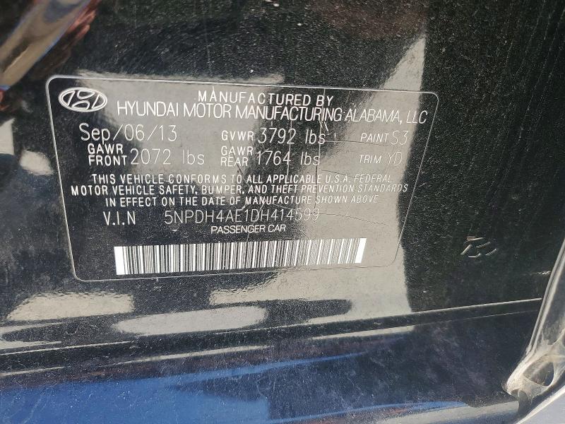 2013 Hyundai Elantra მანქანა იყიდება აუქციონზე, vin: 5NPDH4AE1DH414599, აუქციონის ნომერი: 53790106