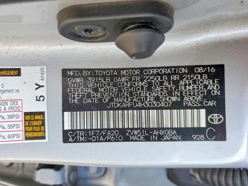2017 Toyota Prius მანქანა იყიდება აუქციონზე, vin: JTDKARFU4H3030407, აუქციონის ნომერი: 53653466