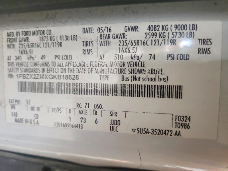 52254436 :رقم المزاد ، 1FBZX2ZMXGKB18628 vin ، 2016 Ford Transit مزاد بيع