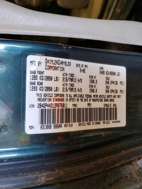 2002 Dodge Grand Caravan მანქანა იყიდება აუქციონზე, vin: 2B4GP44312R676811, აუქციონის ნომერი: 52550646