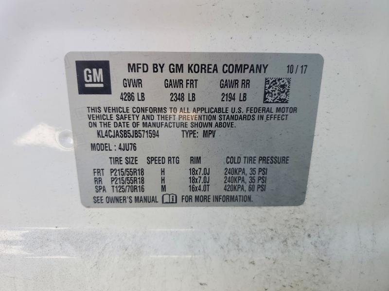 52517526 :رقم المزاد ، KL4CJASB5JB571594 vin ، 2018 Buick Encore مزاد بيع
