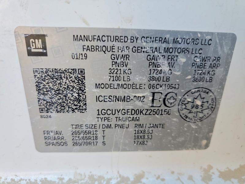 Продажа на аукционе авто 2019 Chevrolet Silverado, vin: 1GCUYGED0KZ250156, номер лота: 52923206