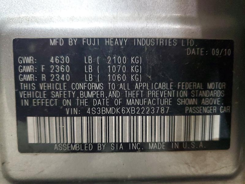 2011 Subaru Legacy მანქანა იყიდება აუქციონზე, vin: 4S3BMDK6XB2223787, აუქციონის ნომერი: 53413506