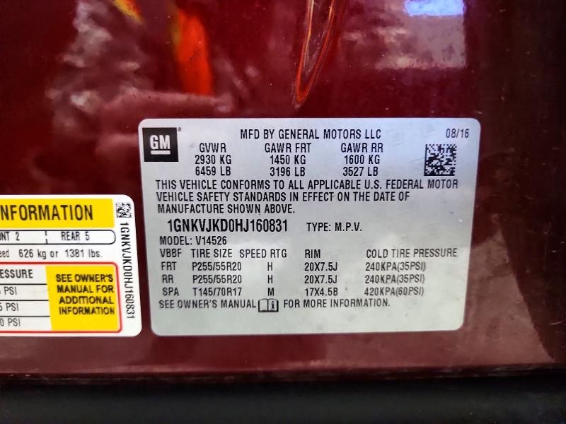 52881496 :رقم المزاد ، 1GNKVJKD0HJ160831 vin ، 2017 Chevrolet Traverse مزاد بيع
