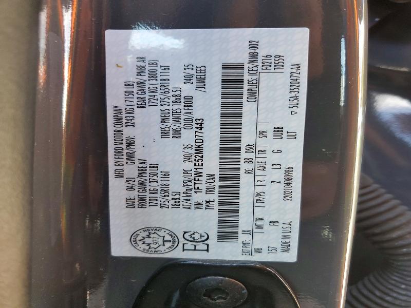Продаж на аукціоні авто 2021 Ford F150, vin: 1FTFW1E52MKD77443, номер лоту: 52532756