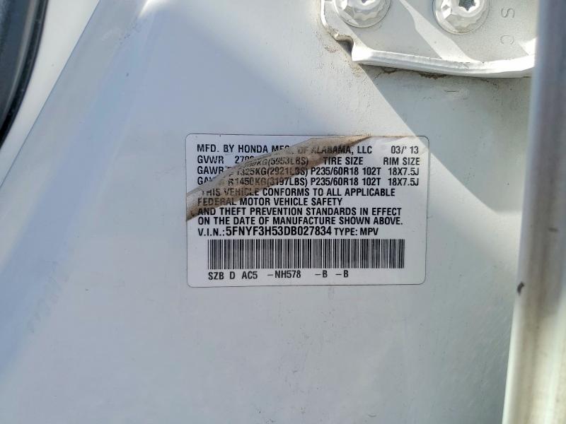 Продажа на аукционе авто 2013 Honda Pilot, vin: 5FNYF3H53DB027834, номер лота: 54306626
