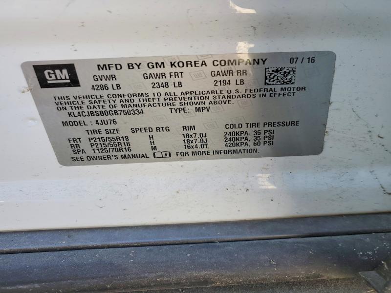 Продаж на аукціоні авто 2016 Buick Encore, vin: KL4CJBSB0GB750334, номер лоту: 53195466