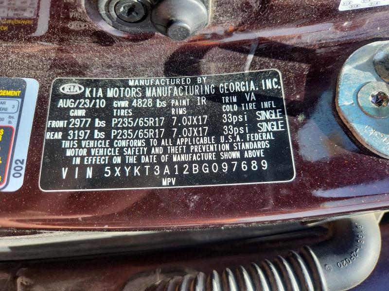 2011 Kia Sorento მანქანა იყიდება აუქციონზე, vin: 5XYKT3A12BG097689, აუქციონის ნომერი: 53670226
