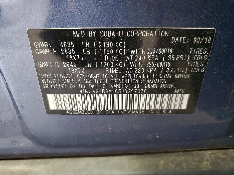 52089526 :رقم المزاد ، 4S4BSANC5J3327078 vin ، 2018 Subaru Outback 2. مزاد بيع