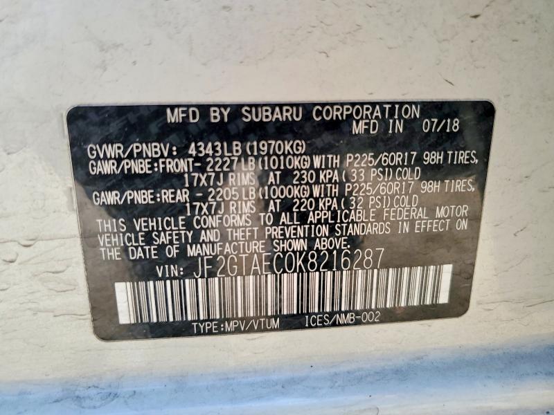 53837546 :رقم المزاد ، JF2GTAEC0K8216287 vin ، 2019 Subaru Crosstrek مزاد بيع