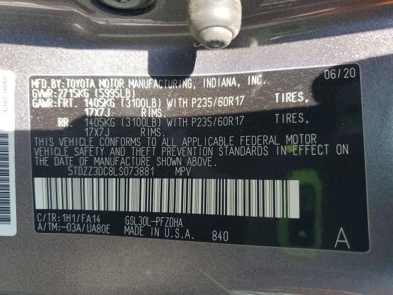 52862866 :رقم المزاد ، 5TDZZ3DC8LS073881 vin ، 2020 Toyota Sienna مزاد بيع