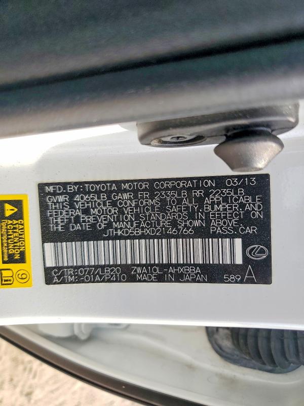 52460516 :رقم المزاد ، JTHKD5BHXD2146766 vin ، 2013 Lexus Ct مزاد بيع