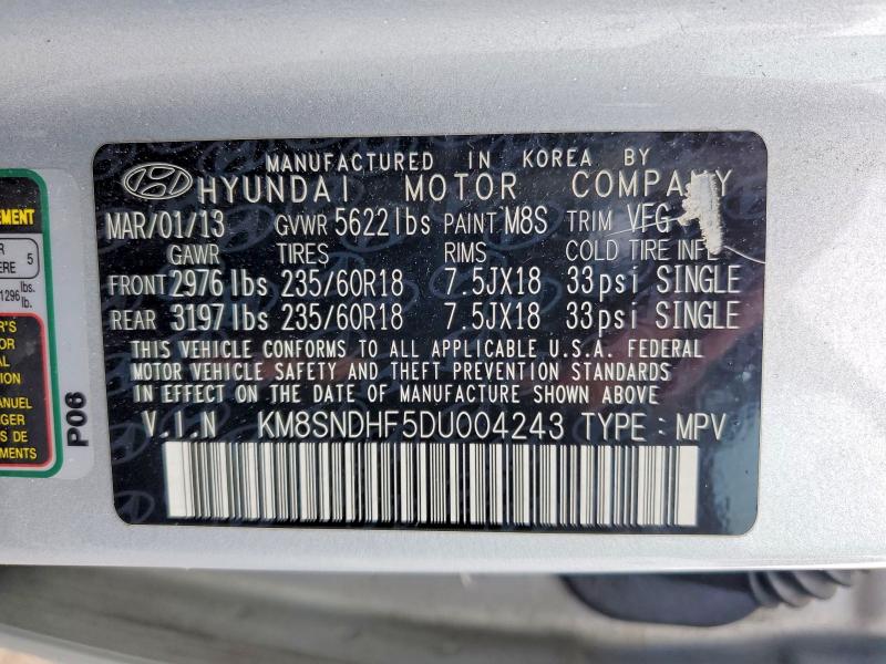 2013 Hyundai Santa Fe მანქანა იყიდება აუქციონზე, vin: KM8SNDHF5DU004243, აუქციონის ნომერი: 53048326