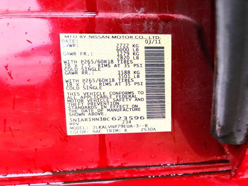 2011 Nissan Pathfinder მანქანა იყიდება აუქციონზე, vin: 5N1AR1NN3BC623596, აუქციონის ნომერი: 55116586