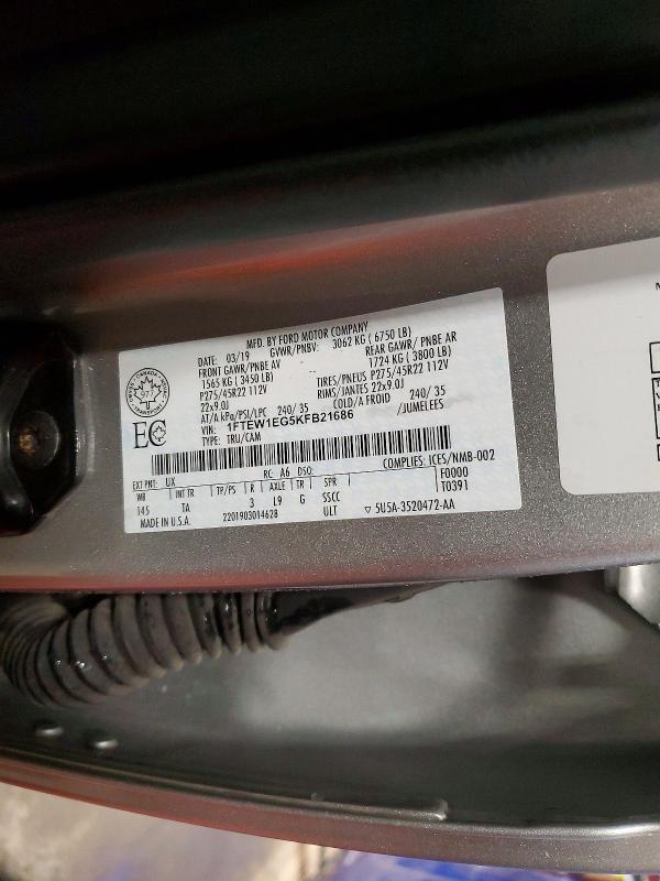 51543696 :رقم المزاد ، 1FTEW1EG5KFB21686 vin ، 2019 Ford F150 مزاد بيع