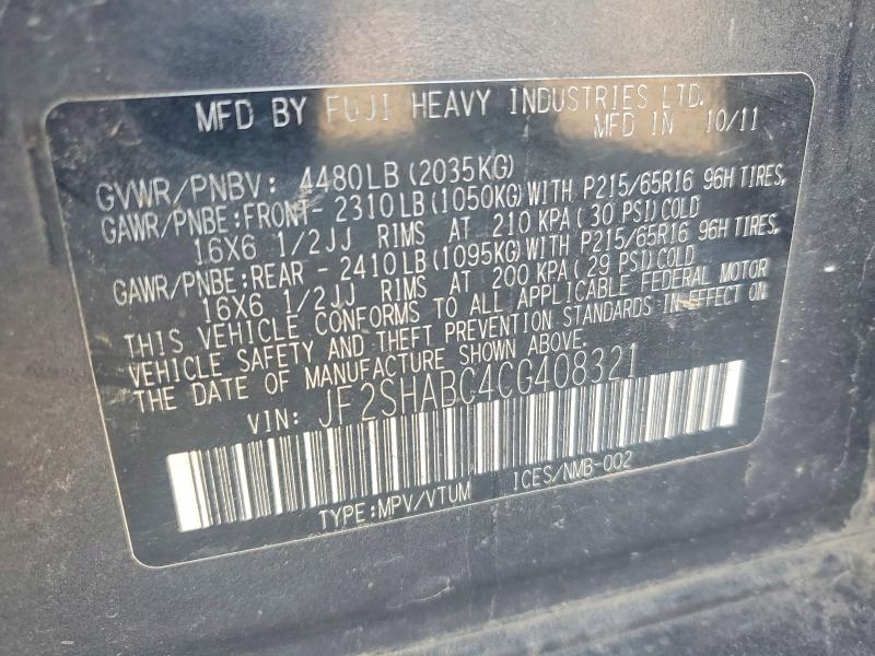 Продаж на аукціоні авто 2012 Subaru Forester, vin: JF2SHABC4CG408321, номер лоту: 54086876