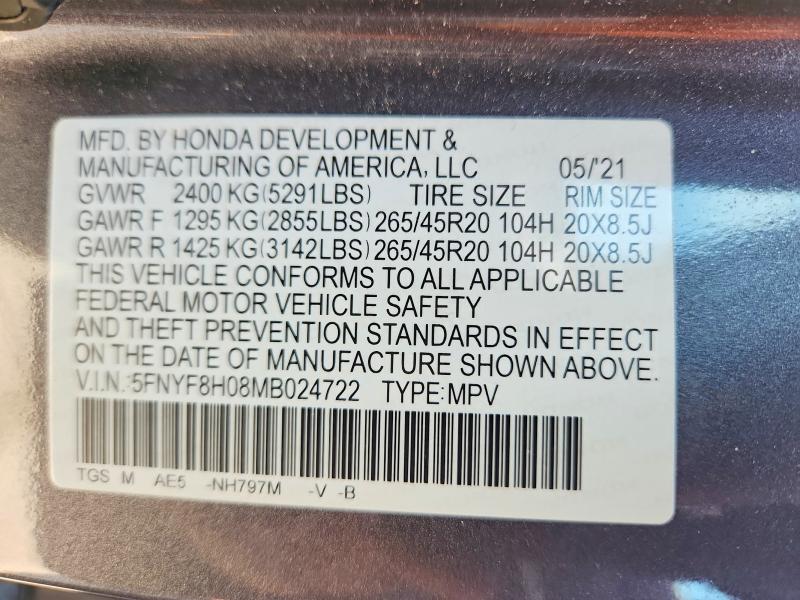 52542196 :رقم المزاد ، 5FNYF8H08MB024722 vin ، 2021 Honda Passport مزاد بيع