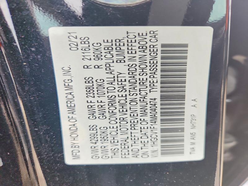 52526916 :رقم المزاد ، 1HGCV1F14MA040474 vin ، 2021 Honda Accord مزاد بيع